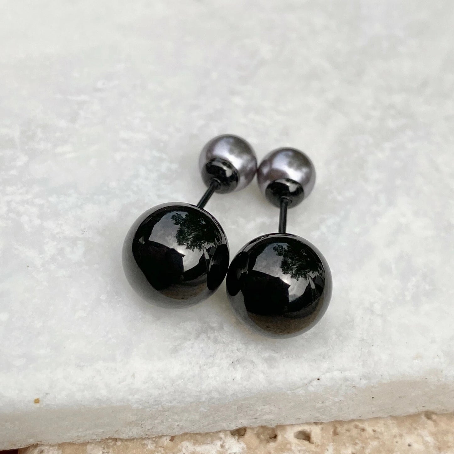 Stainless Steel Double Ended Gray Pearl + Black Ball Post Stud Earrings NEW