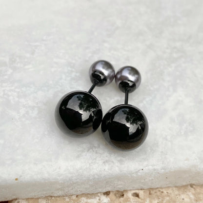 Stainless Steel Double Ended Gray Pearl + Black Ball Post Stud Earrings NEW