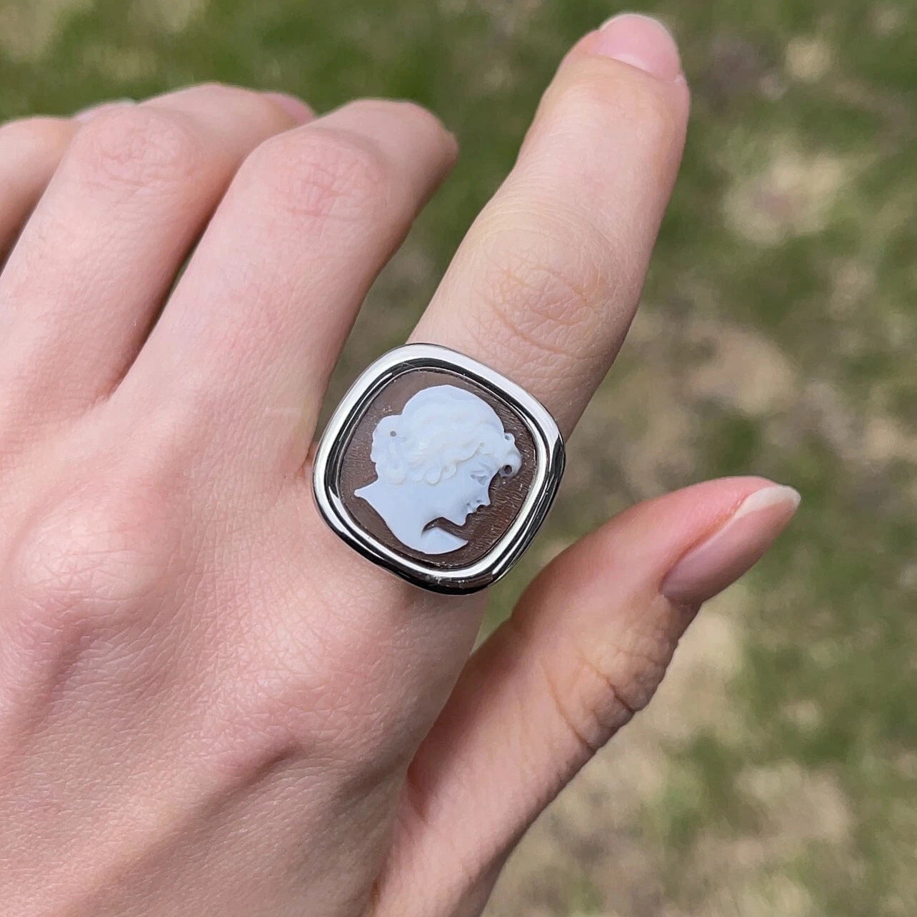 Sterling Silver Large Square Bezel Cameo Head Statement Ring