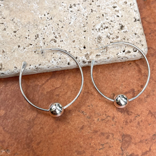Sterling Silver Round Thin Moveable Bead J-Hoop Earrings 43mm