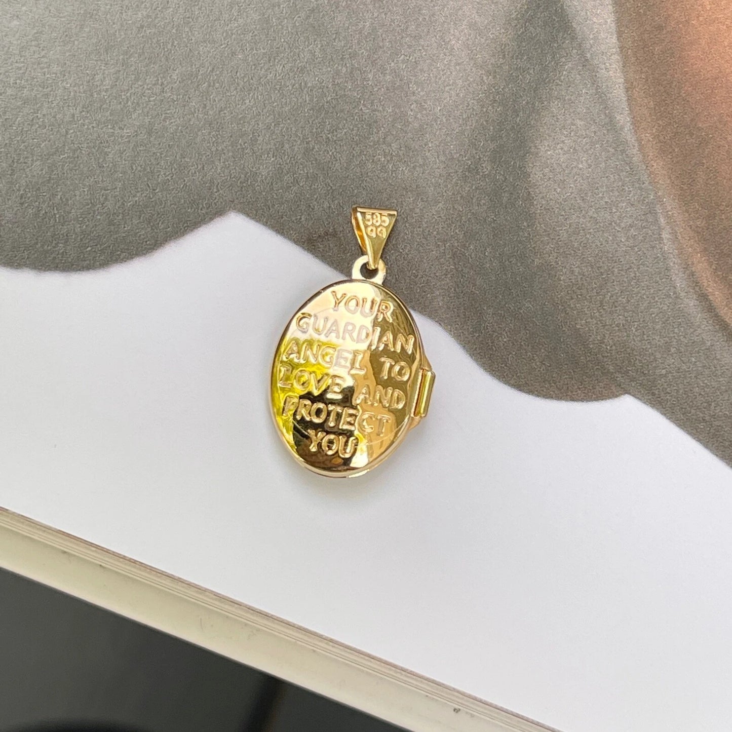 14KT Yellow Gold White Rhodium Guardian Angel Locket Pendant