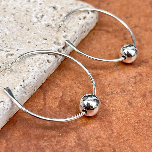 Sterling Silver Round Thin Moveable Bead J-Hoop Earrings 43mm