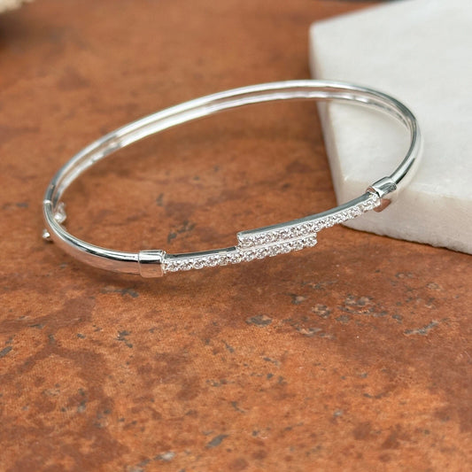 Sterling Silver Cubic Zirconia Bypass Thin Bangle Bracelet