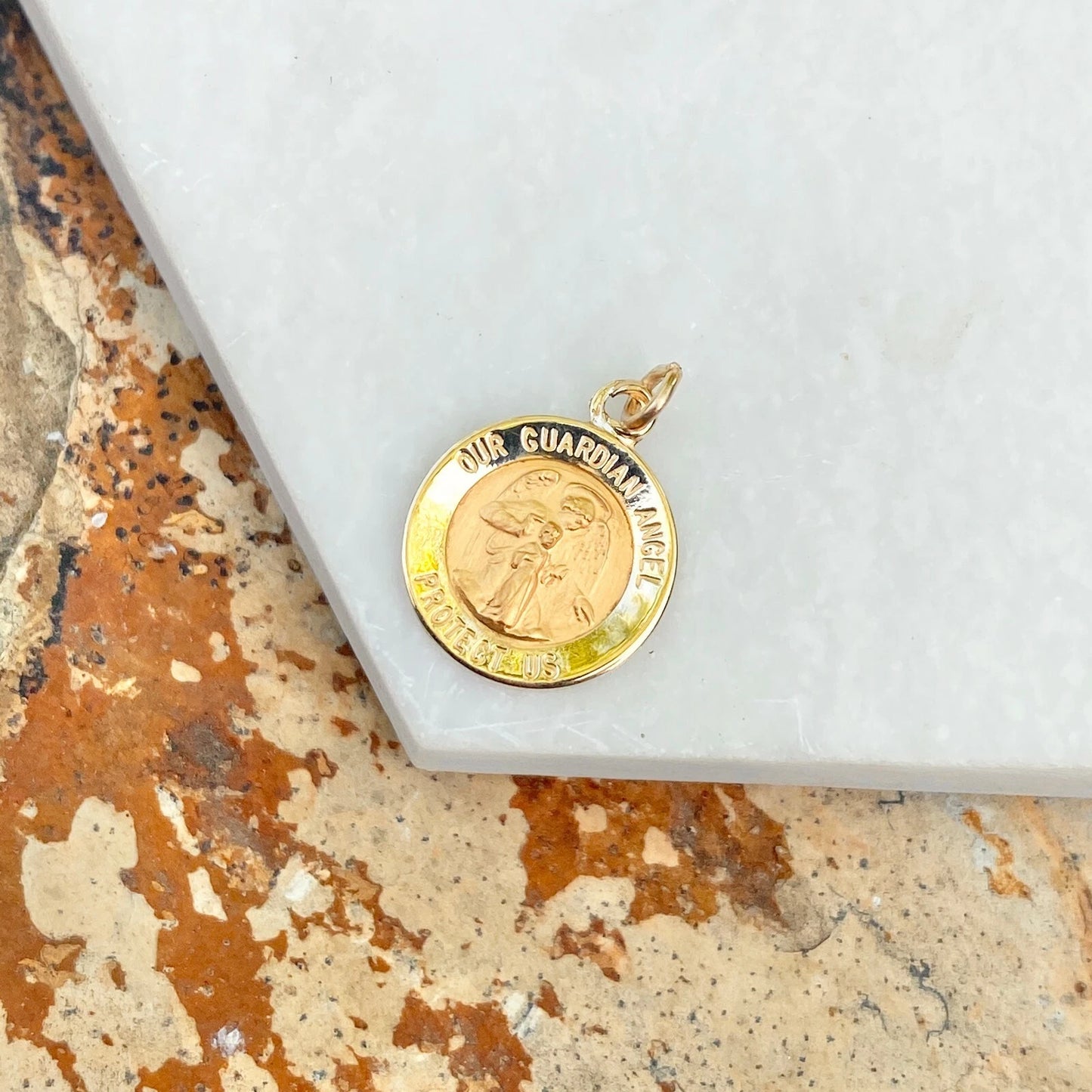 14KT Yellow Gold Guardian Angel Protect Us Round Medal Pendant Charm 12mm