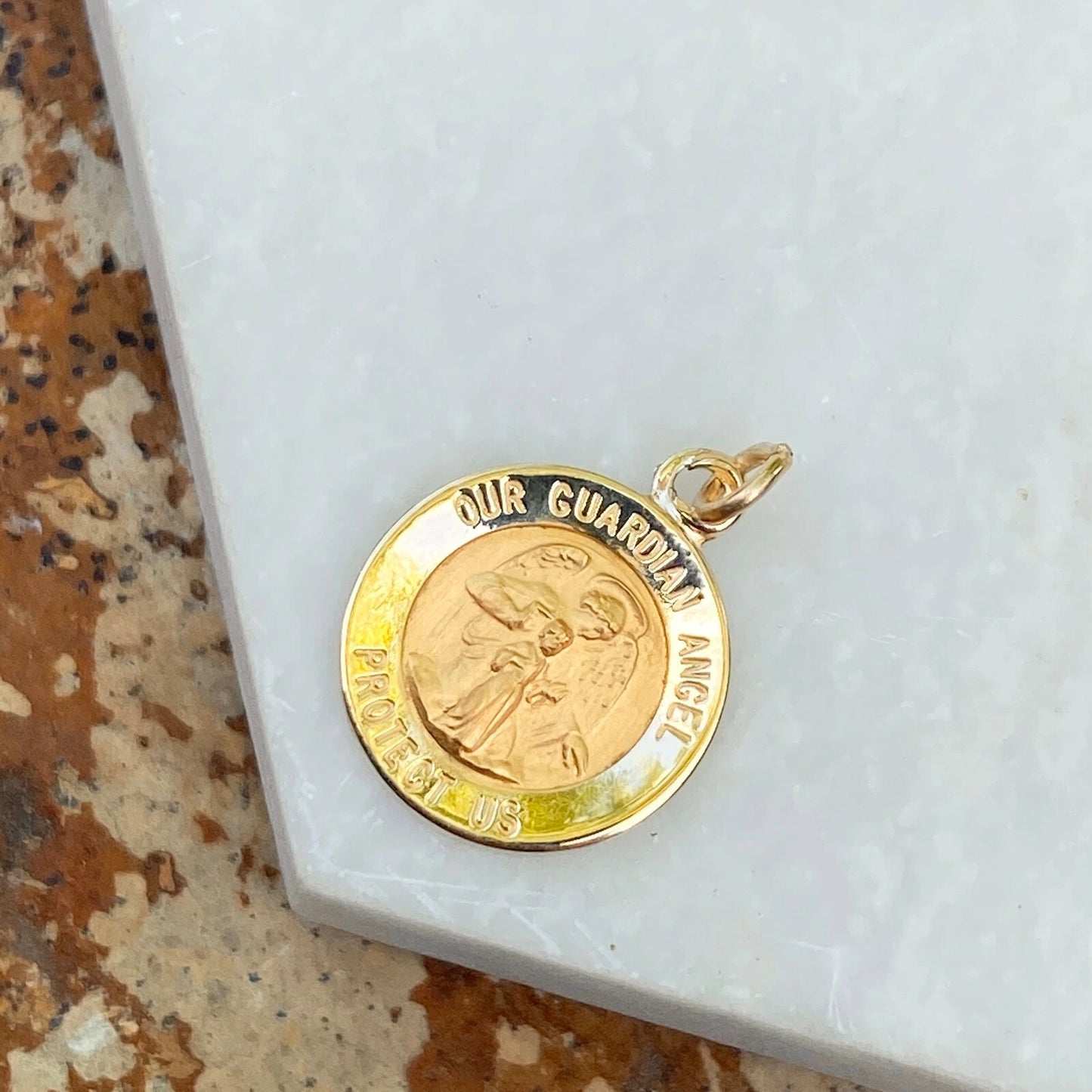 14KT Yellow Gold Guardian Angel Protect Us Round Medal Pendant Charm 12mm