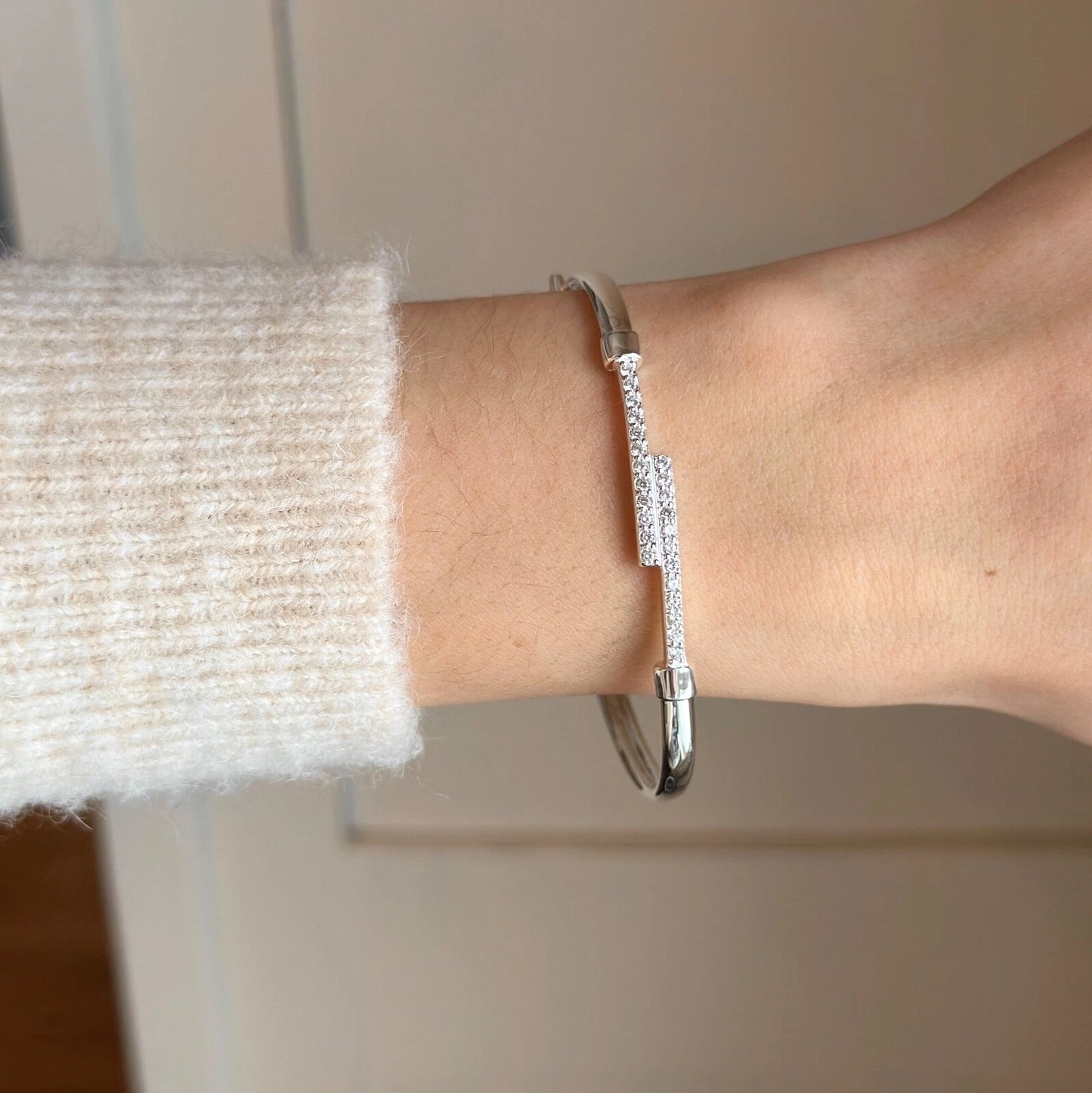 Sterling Silver Cubic Zirconia Bypass Thin Bangle Bracelet