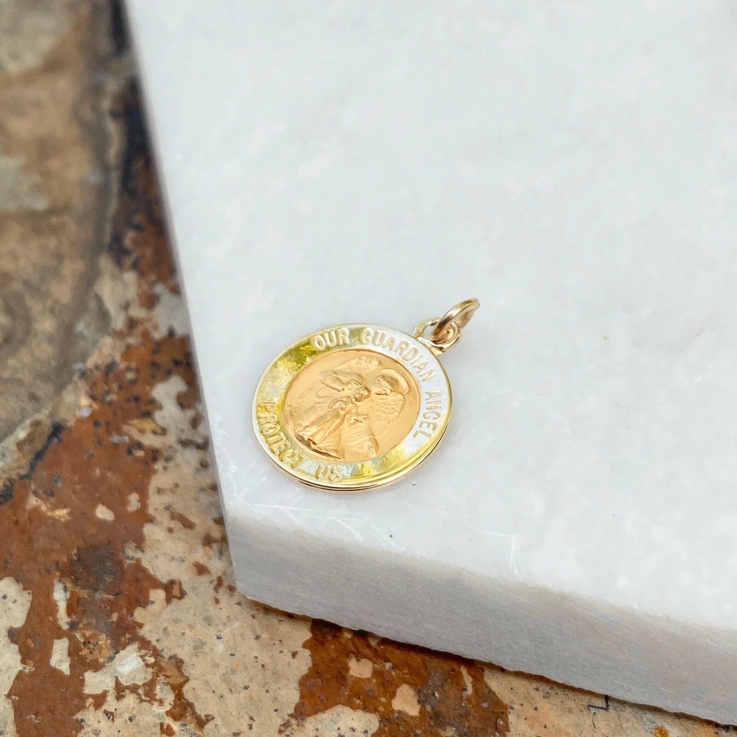 14KT Yellow Gold Guardian Angel Protect Us Round Medal Pendant Charm 12mm