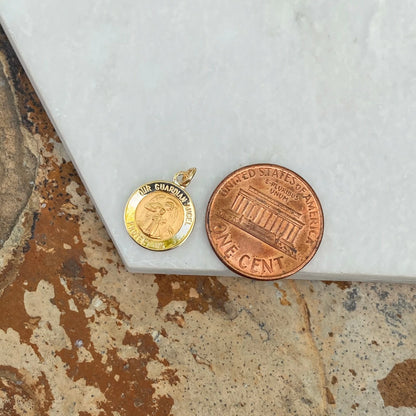 14KT Yellow Gold Guardian Angel Protect Us Round Medal Pendant Charm 12mm