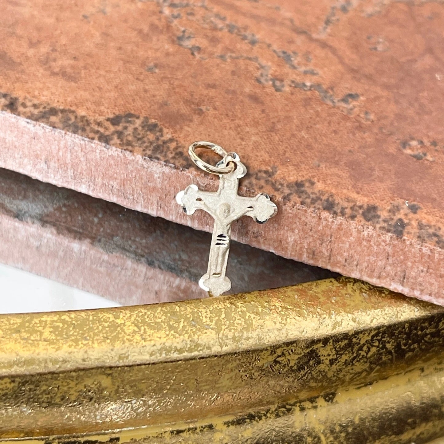 10KT Yellow Gold Matte Diamond-Cut Crucifix Cross Pendant Charm