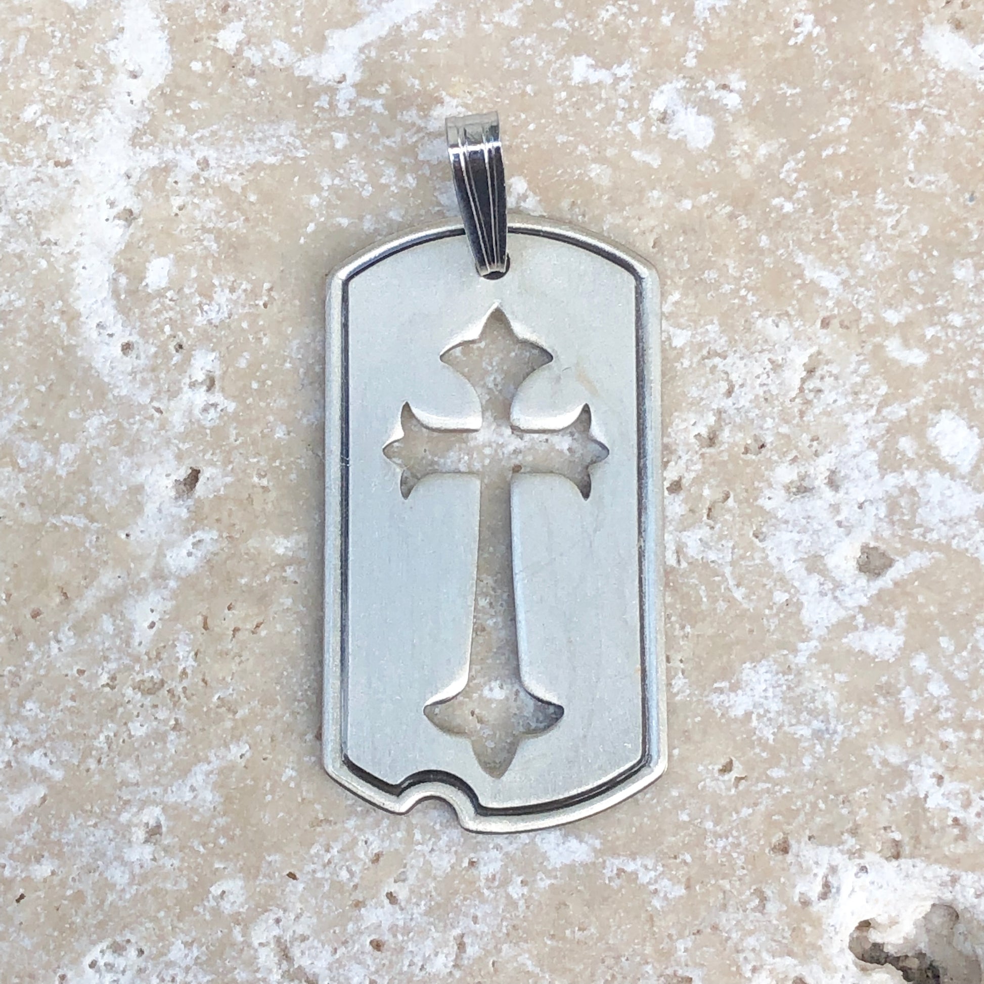 Sterling Silver Antiqued Dog Tag Cut-Out Cross Pendant, Sterling Silver Antiqued Dog Tag Cut-Out Cross Pendant - Legacy Saint Jewelry