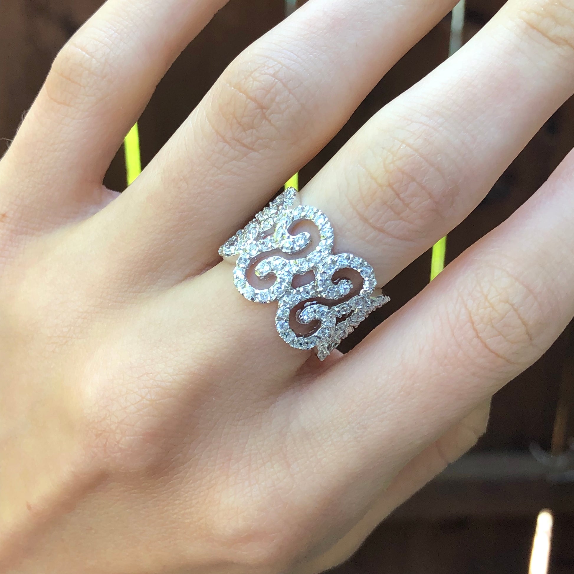 Sterling Silver Pave CZ Filigree Swirl Cigar Band Ring, Sterling Silver Pave CZ Filigree Swirl Cigar Band Ring - Legacy Saint Jewelry