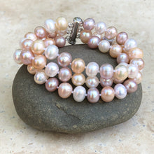 Load image into Gallery viewer, Sterling Silver White + Pink Freshwater Cultured Pearl Triple Strand Bracelet, Sterling Silver White + Pink Freshwater Cultured Pearl Triple Strand Bracelet - Legacy Saint Jewelry