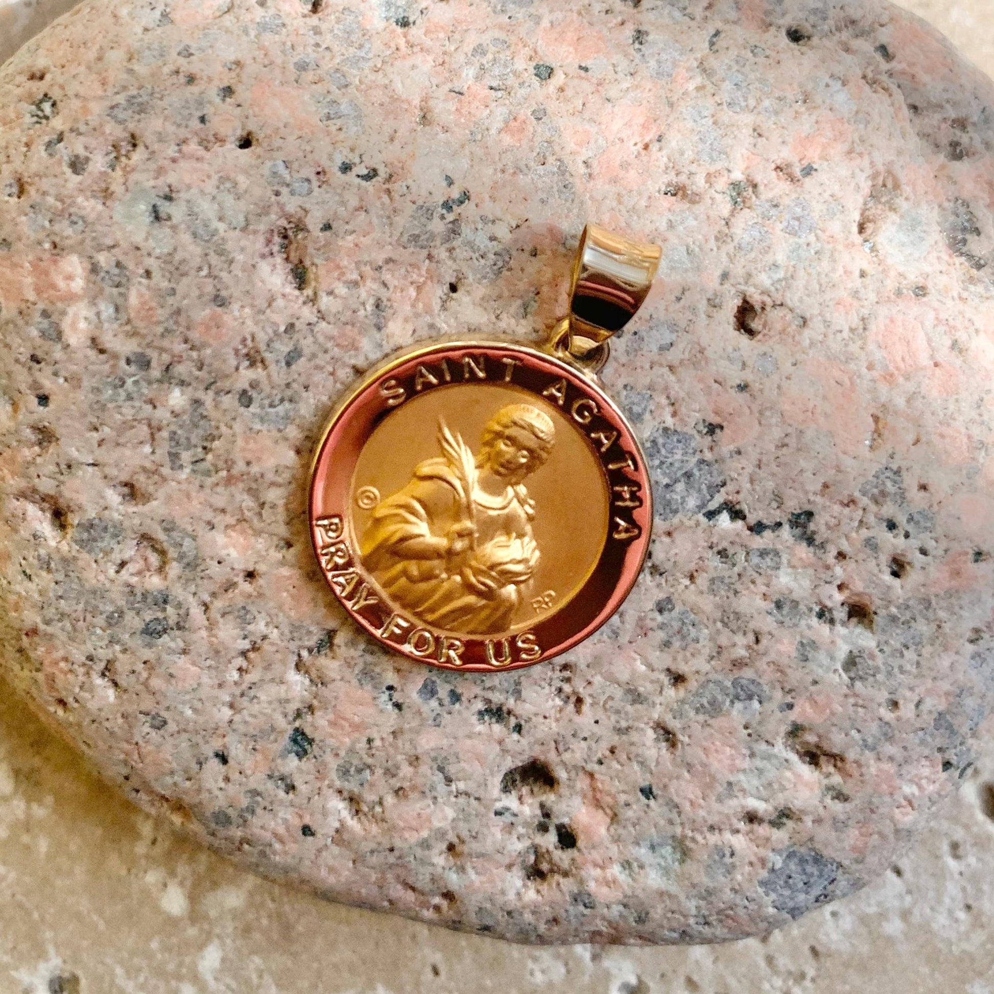 14KT Yellow Gold Saint Agatha Round Medal Pendant Charm, 14KT Yellow Gold Saint Agatha Round Medal Pendant Charm - Legacy Saint Jewelry