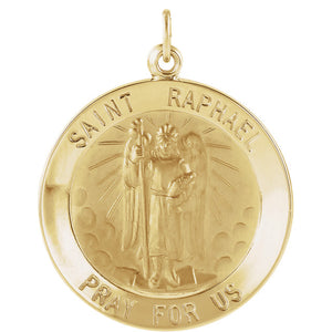 14KT Yellow Gold Saint Raphael Round Medal Pendant Charm, 14KT Yellow Gold Saint Raphael Round Medal Pendant Charm - Legacy Saint Jewelry