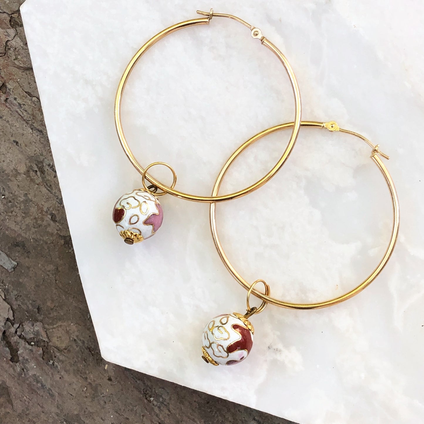 14KT Yellow Gold Cloisonne White + Red Floral Earring Charms, 14KT Yellow Gold Cloisonne White + Red Floral Earring Charms - Legacy Saint Jewelry