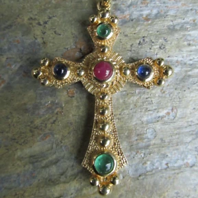 14KT Yellow Gold Gemstones Etruscan Cross Pendant Charm, 14KT Yellow Gold Gemstones Etruscan Cross Pendant Charm - Legacy Saint Jewelry