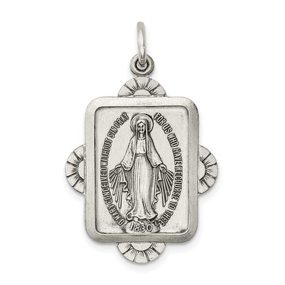 Sterling Silver Antiqued Rectangle Detailed Miraculous Medal