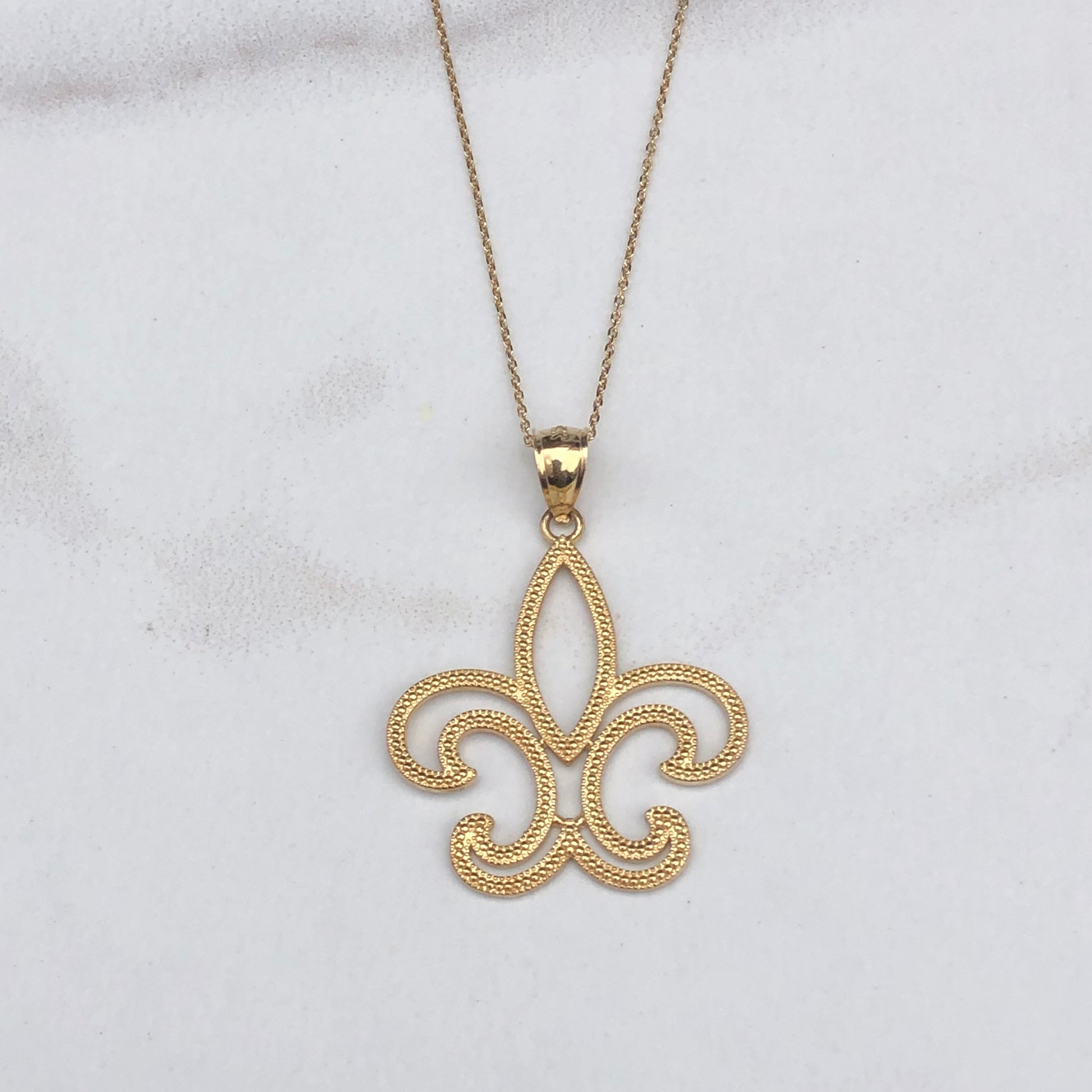 14KT Yellow Gold Textured Cut-Out Fleur de Lis Pendant Charm, 14KT Yellow Gold Textured Cut-Out Fleur de Lis Pendant Charm - Legacy Saint Jewelry