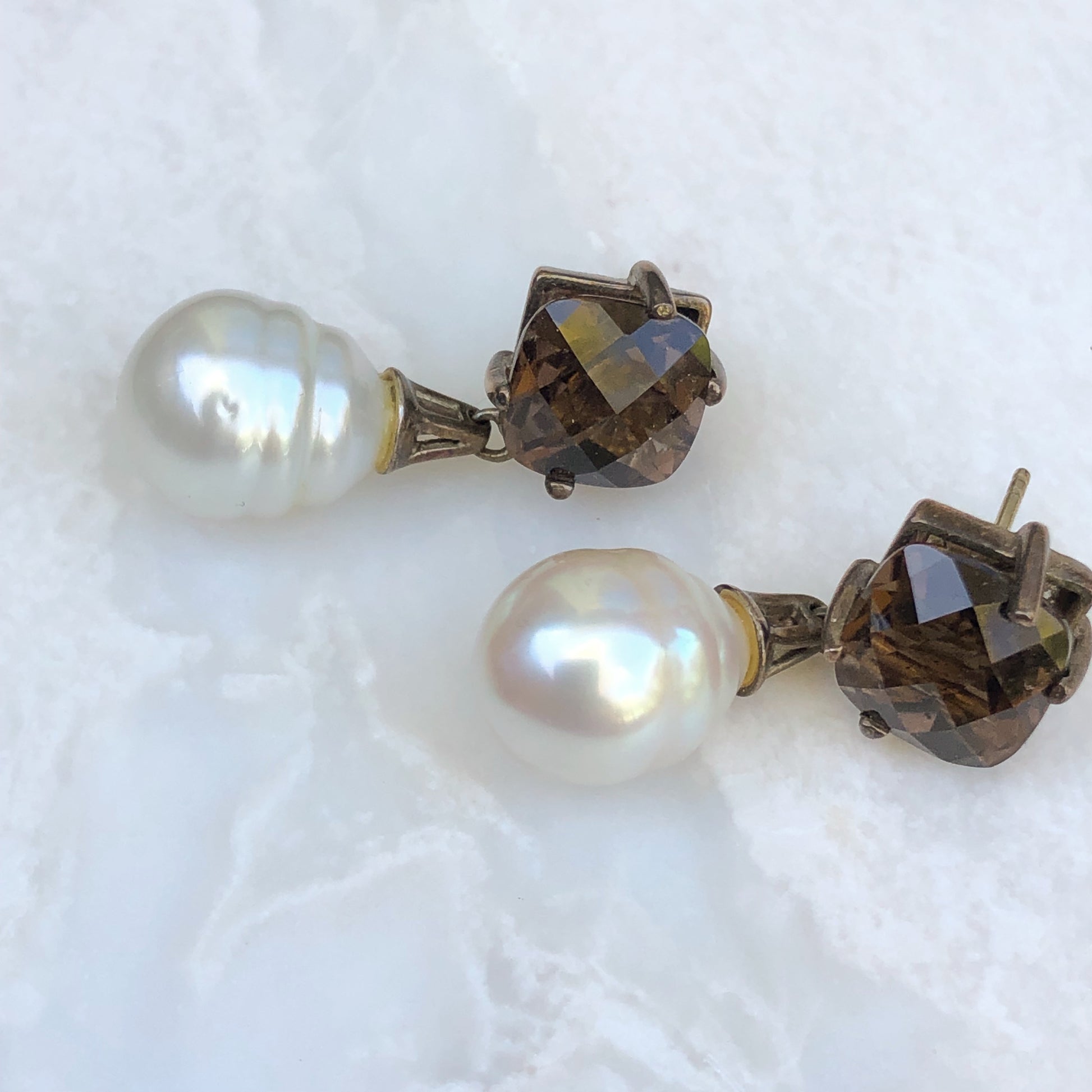 Sterling Silver Paspaley South Sea Pearl + Smokey Quartz Earrings, Sterling Silver Paspaley South Sea Pearl + Smokey Quartz Earrings - Legacy Saint Jewelry