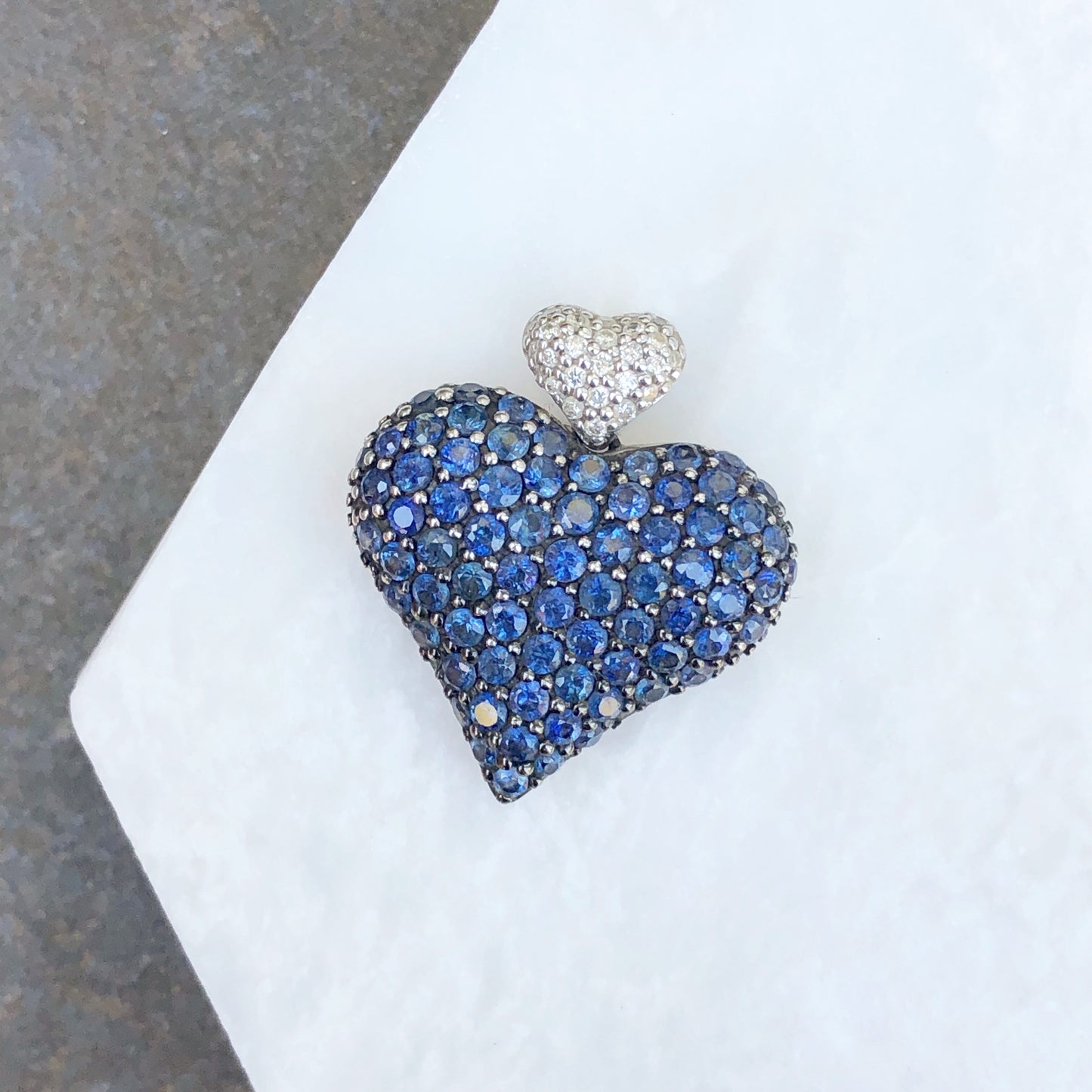 14KT White Gold Pave Diamond + Blue Sapphire Heart Pendant, 14KT White Gold Pave Diamond + Blue Sapphire Heart Pendant - Legacy Saint Jewelry