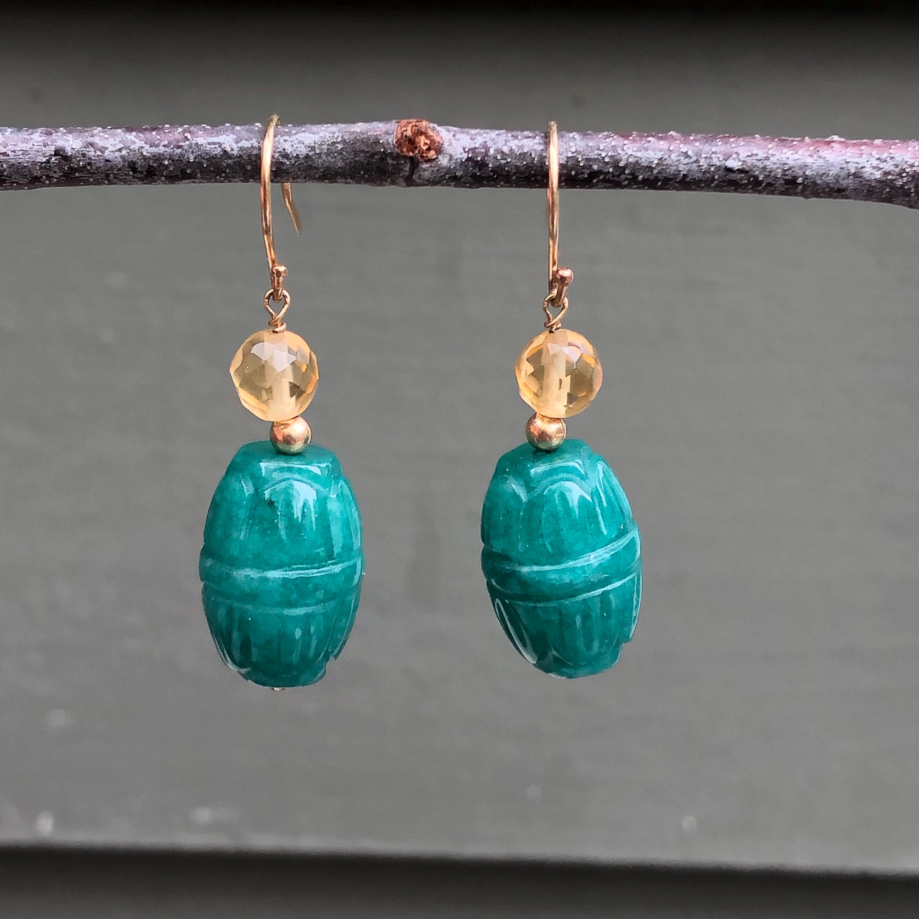 Egyptian good Jade Scarab Dangle Earrings