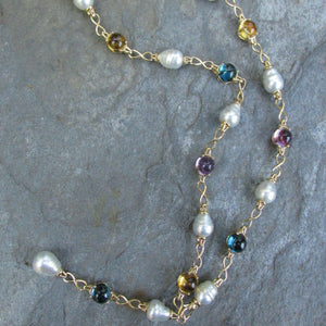 14KT Yellow Gold Paspaley Pearl, Citrine, Amethyst + Topaz Station Lariat Necklace 25" - Legacy Saint Jewelry