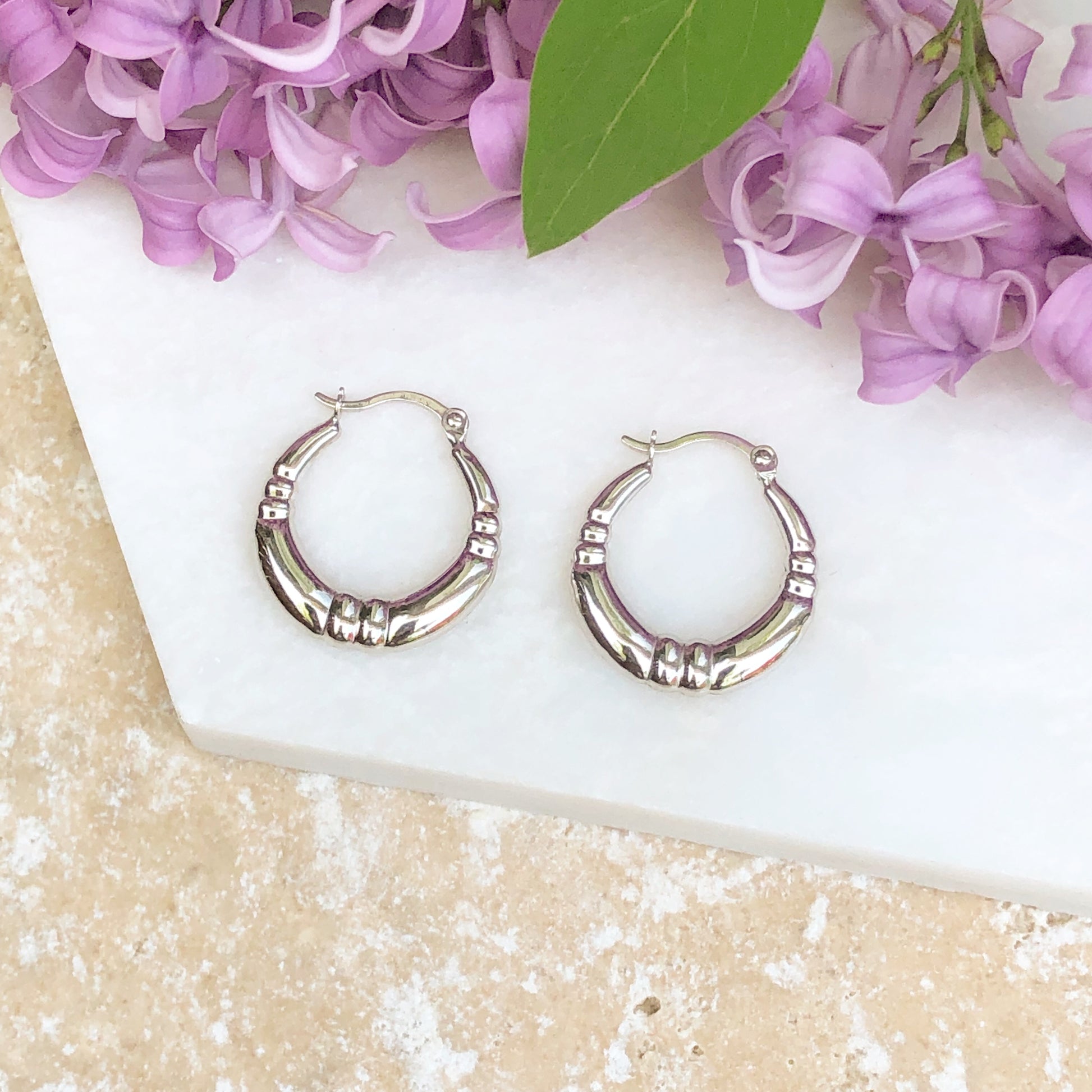 10KT White Gold Scalloped Small Hoop Earrings, 10KT White Gold Scalloped Small Hoop Earrings - Legacy Saint Jewelry
