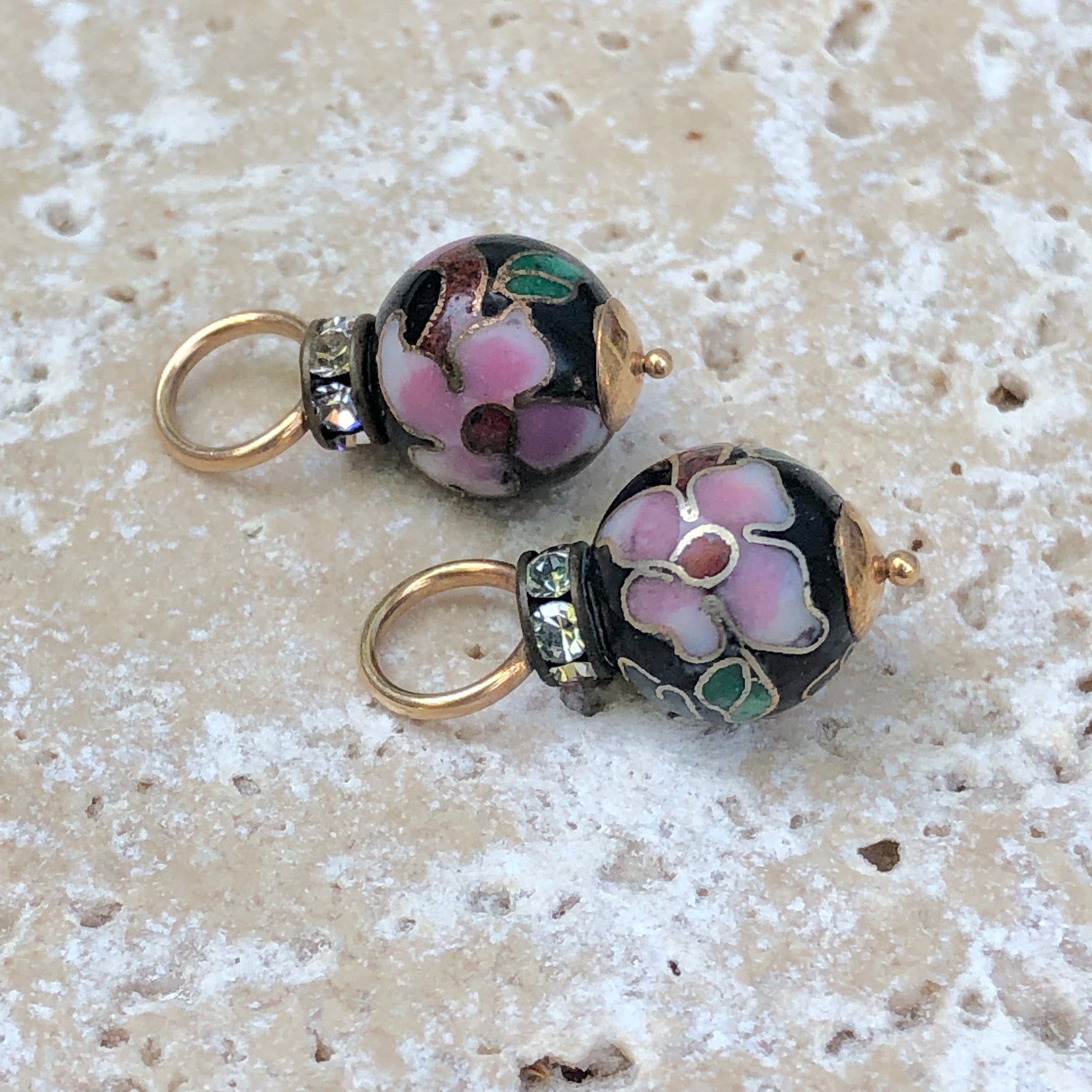 14KT Yellow Gold Black + Pink Multi Color CZ Cloisonne Ball Earring Charms, 14KT Yellow Gold Black + Pink Multi Color CZ Cloisonne Ball Earring Charms - Legacy Saint Jewelry