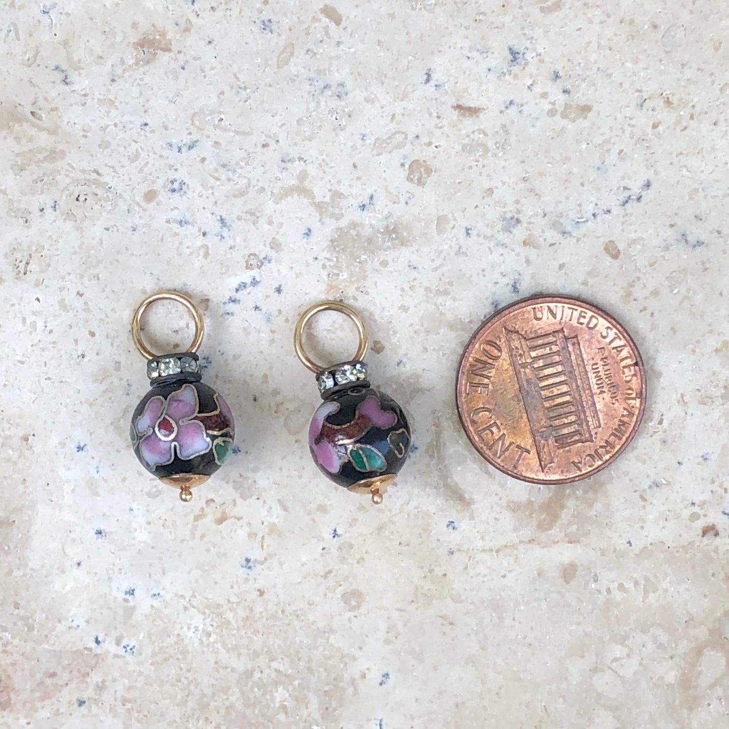 14KT Yellow Gold Black + Pink Multi Color CZ Cloisonne Ball Earring Charms, 14KT Yellow Gold Black + Pink Multi Color CZ Cloisonne Ball Earring Charms - Legacy Saint Jewelry