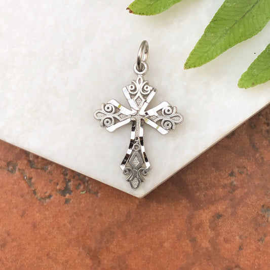 10KT White Gold Diamond-Cut Detailed Cross Charm Pendant, 10KT White Gold Diamond-Cut Detailed Cross Charm Pendant - Legacy Saint Jewelry