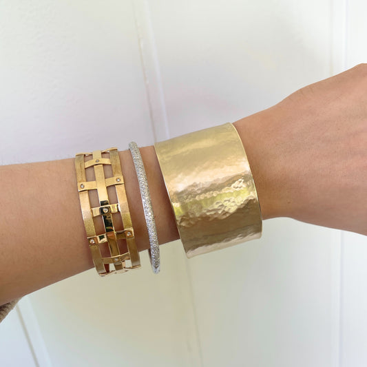 Estate 14KT Yellow Gold Matte Mid Century Scattered Diamond Cuff Bracelet - LSJ