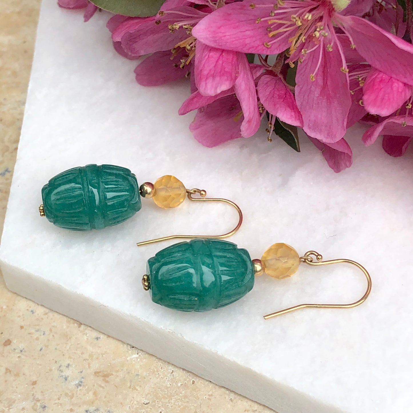 14KT Yellow Gold Carved Green Jade Scarab Drop Earrings, 14KT Yellow Gold Carved Green Jade Scarab Drop Earrings - Legacy Saint Jewelry