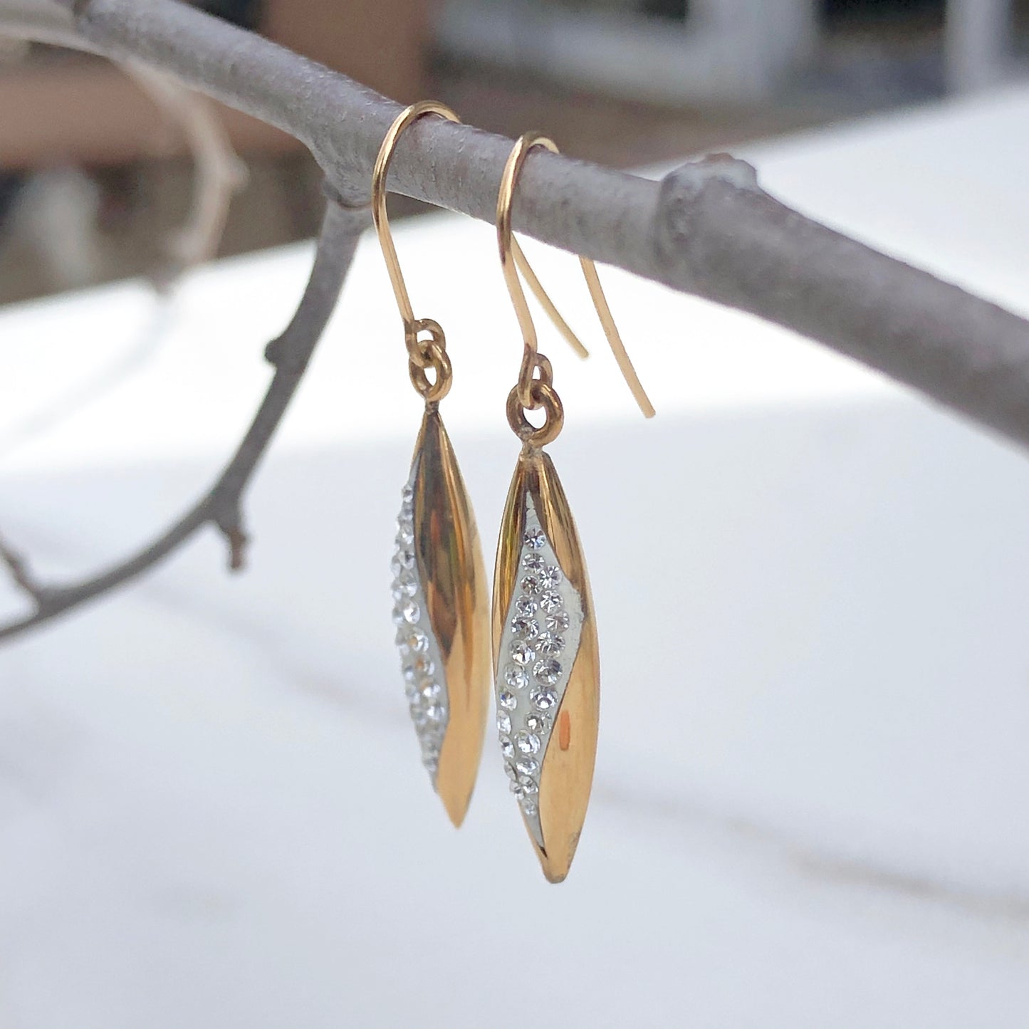 14KT Yellow Gold + White Gold Swarovski Crystal Teardrop Earrings, 14KT Yellow Gold + White Gold Swarovski Crystal Teardrop Earrings - Legacy Saint Jewelry