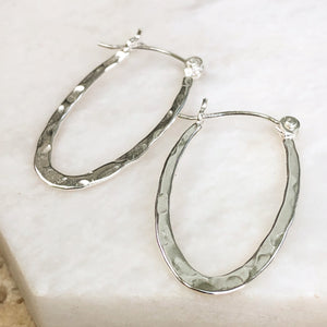 Sterling Silver Hammered Oval Hoop Earrings 11mm, Sterling Silver Hammered Oval Hoop Earrings 11mm - Legacy Saint Jewelry