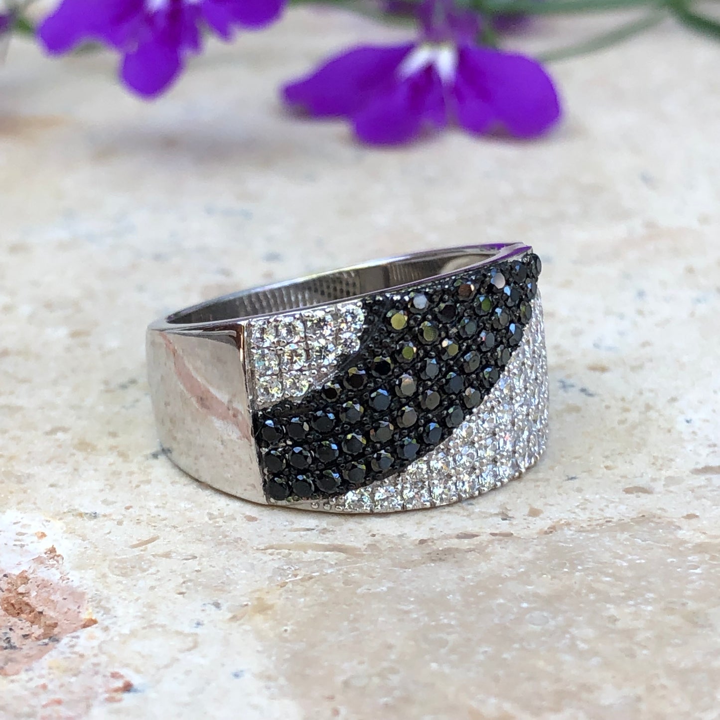 Sterling Silver Black + White CZ Cigar Band Ring Size 8, Sterling Silver Black + White CZ Cigar Band Ring Size 8 - Legacy Saint Jewelry