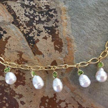 Load image into Gallery viewer, 14KT Yellow Gold Peridot + Paspaley South Sea Pearl Charm Bracelet, 14KT Yellow Gold Peridot + Paspaley South Sea Pearl Charm Bracelet - Legacy Saint Jewelry