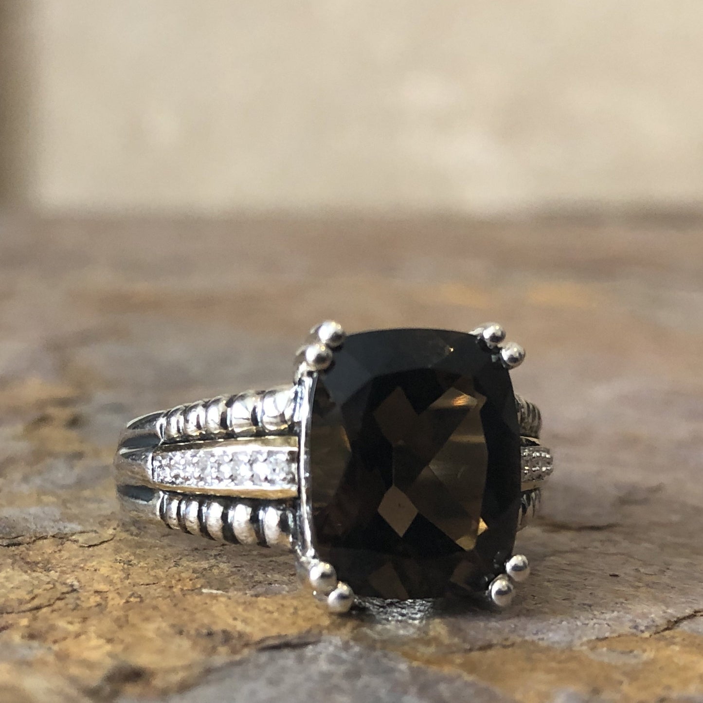 14KT Yellow Gold + Sterling Silver Smokey Quartz + Diamond Ring Size 6, 14KT Yellow Gold + Sterling Silver Smokey Quartz + Diamond Ring Size 6 - Legacy Saint Jewelry