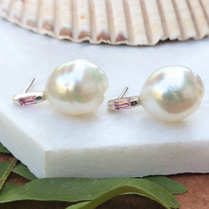 14KT White Gold Paspaley Pearl + Baguette Pink Sapphire Earrings, 14KT White Gold Paspaley Pearl + Baguette Pink Sapphire Earrings - Legacy Saint Jewelry