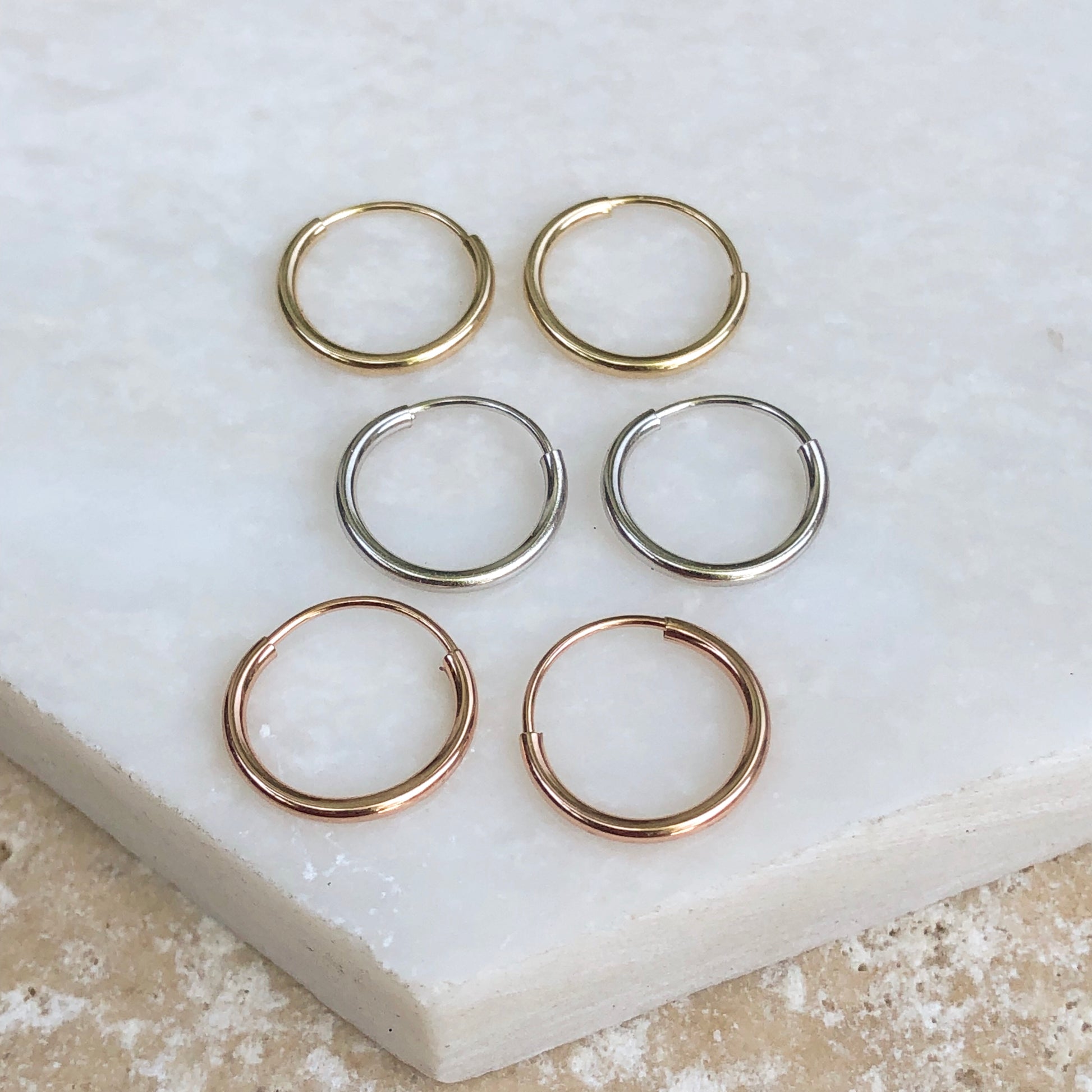 14KT Yellow Gold, Rose Gold + White Gold Mini Hoop Earrings 3 Pair, 14KT Yellow Gold, Rose Gold + White Gold Mini Hoop Earrings 3 Pair - Legacy Saint Jewelry