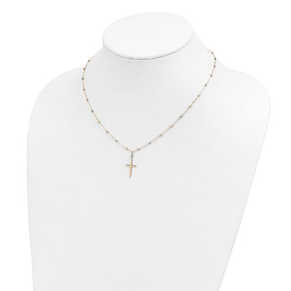 14KT Rose Gold, Yellow Gold + White Gold Diamond-Cut Beaded Cross Necklace 17"