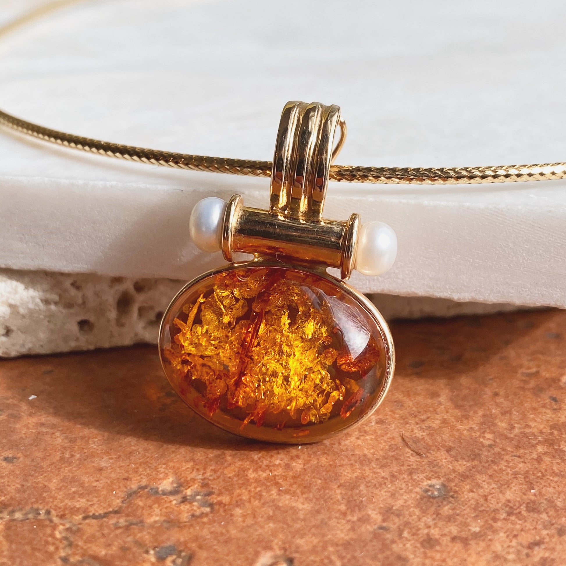 Estate 14KT Yellow Gold Oval Amber + Pearl Pendant Enhancer Omega Clip, Estate 14KT Yellow Gold Oval Amber + Pearl Pendant Enhancer Omega Clip - Legacy Saint Jewelry