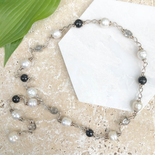 Sterling Silver Paspaley South Sea Pearl, Onyx + Quartz Lariat Necklace, Sterling Silver Paspaley South Sea Pearl, Onyx + Quartz Lariat Necklace - Legacy Saint Jewelry