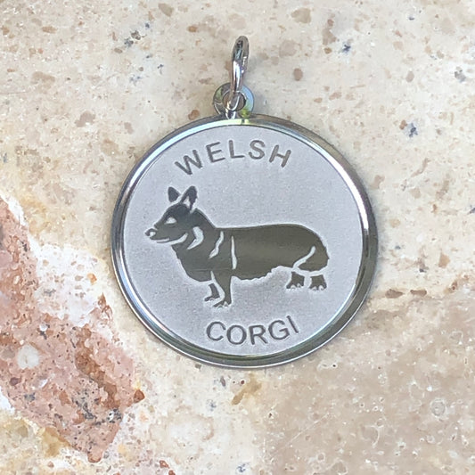 Sterling Silver Welsh Corgi Pendant Charm Satin Disc, Sterling Silver Welsh Corgi Pendant Charm Satin Disc - Legacy Saint Jewelry