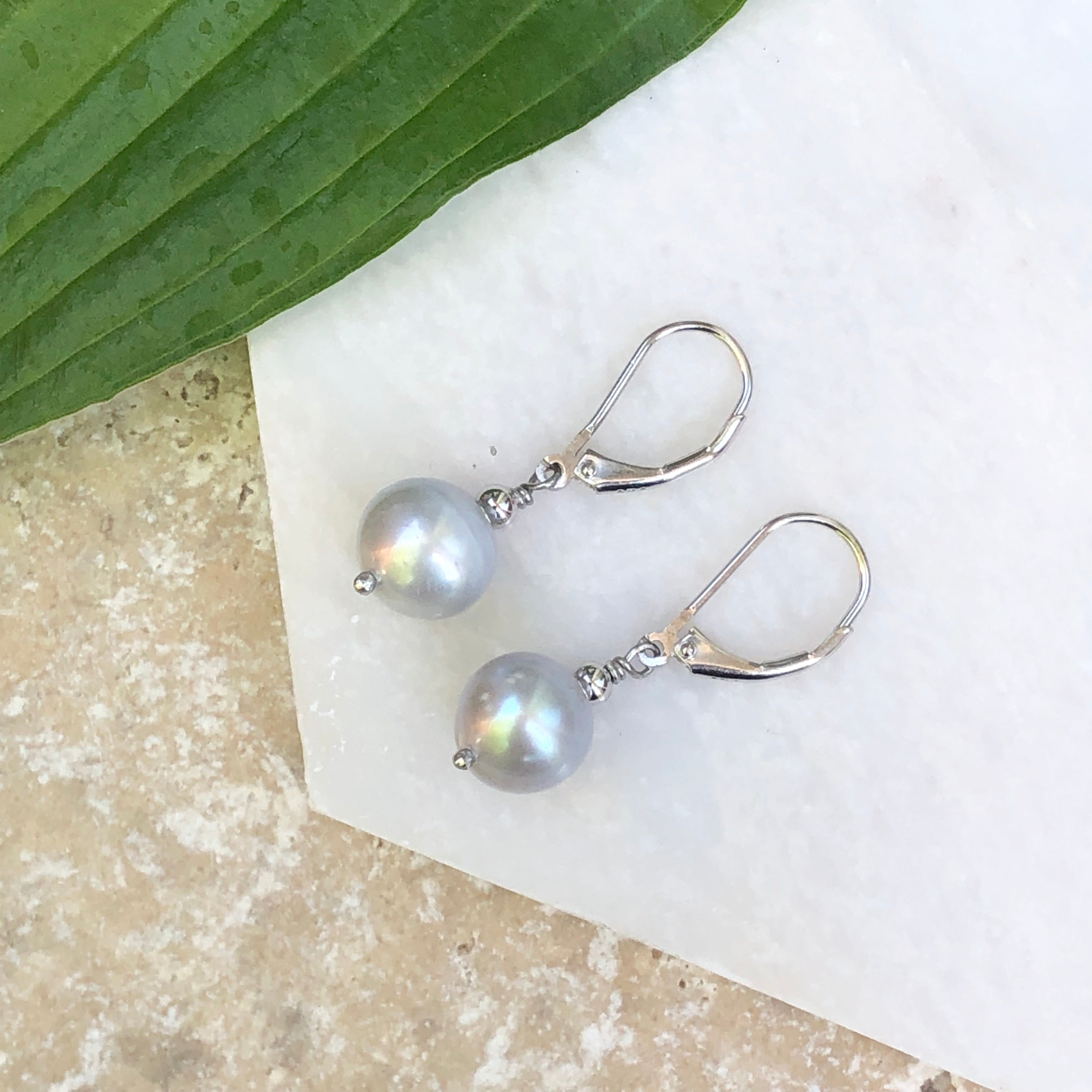 Sterling Silver Gray Baroque Pearl Lever Back Earrings LSJ