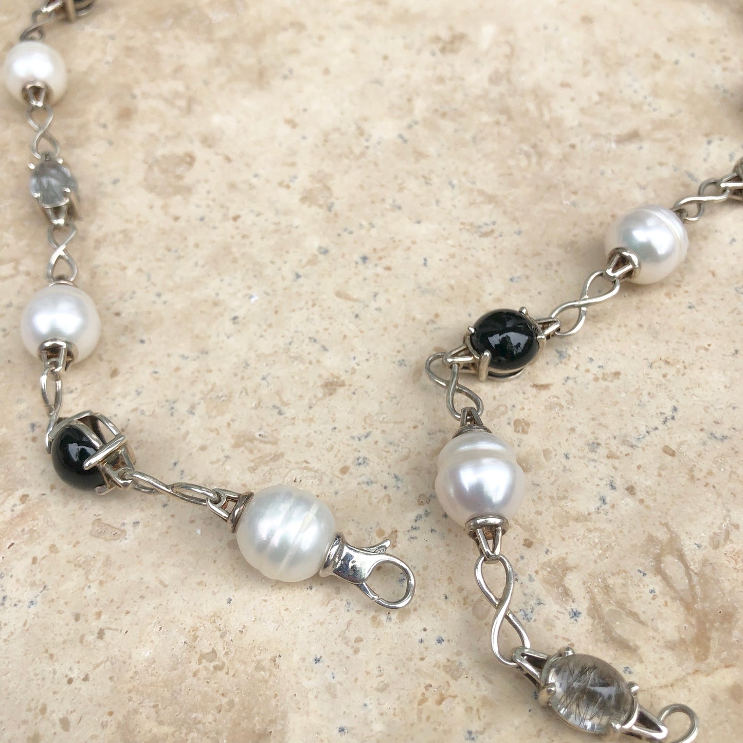 Sterling Silver Paspaley South Sea Pearl, Onyx + Quartz Lariat Necklace, Sterling Silver Paspaley South Sea Pearl, Onyx + Quartz Lariat Necklace - Legacy Saint Jewelry