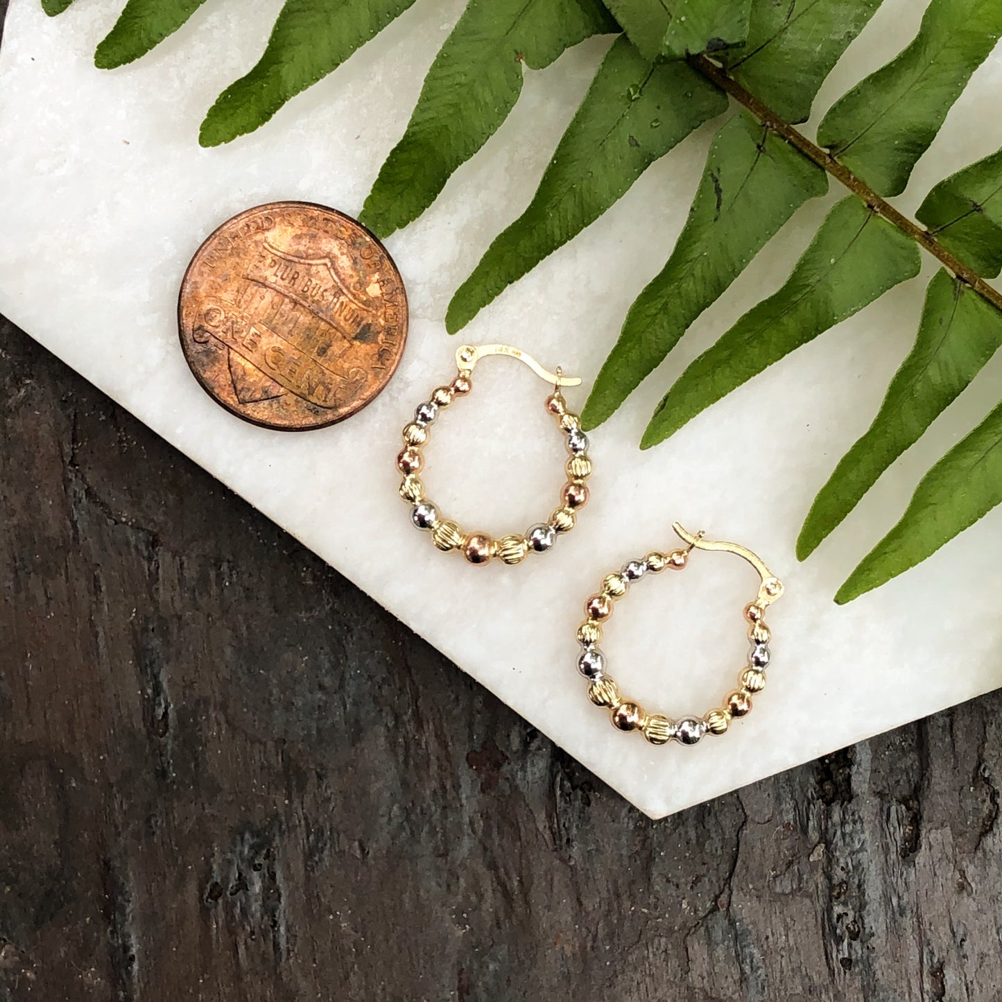 14KT Yellow Gold, Rose + White Rhodium Beaded Hoop Earrings, 14KT Yellow Gold, Rose + White Rhodium Beaded Hoop Earrings - Legacy Saint Jewelry