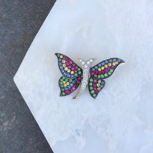 14KT White Gold Pave Diamond + Multi Colored Sapphires Butterfly Pendant, 14KT White Gold Pave Diamond + Multi Colored Sapphires Butterfly Pendant - Legacy Saint Jewelry