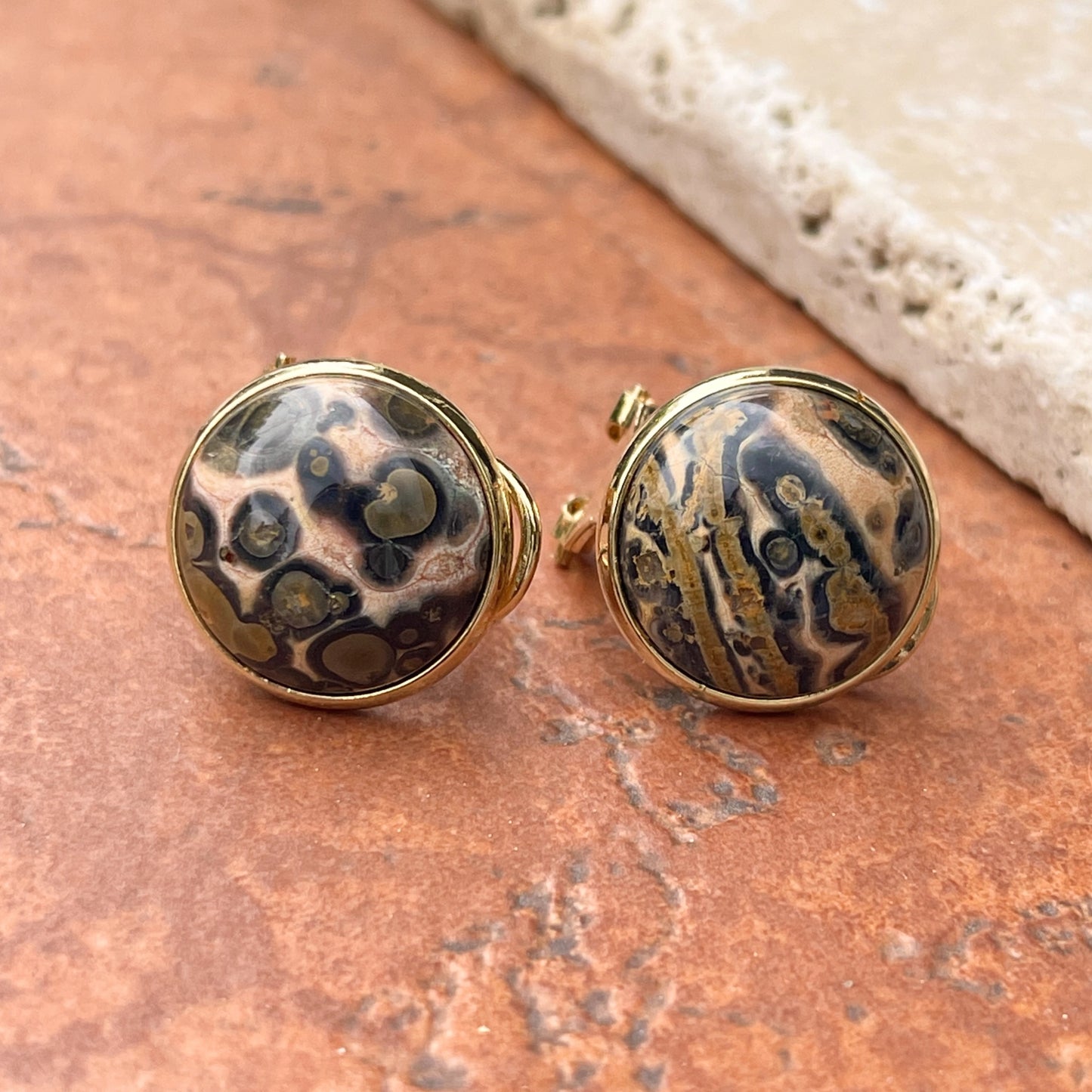 Estate Gold Tone + Leopard Skin Agate Button Omega Back Earrings