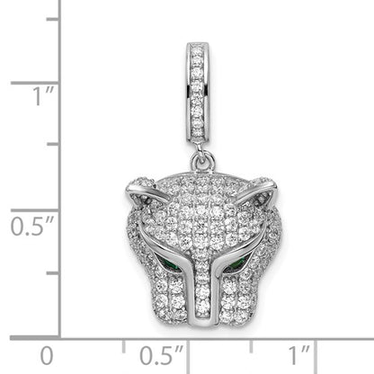 Sterling Silver Pave White CZ + Green CZ Panther Head Pendant Charm