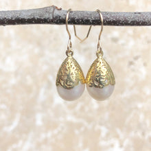 Load image into Gallery viewer, 14KT Yellow Gold Filigree Lace + Freshwater Pearl Earrings, 14KT Yellow Gold Filigree Lace + Freshwater Pearl Earrings - Legacy Saint Jewelry